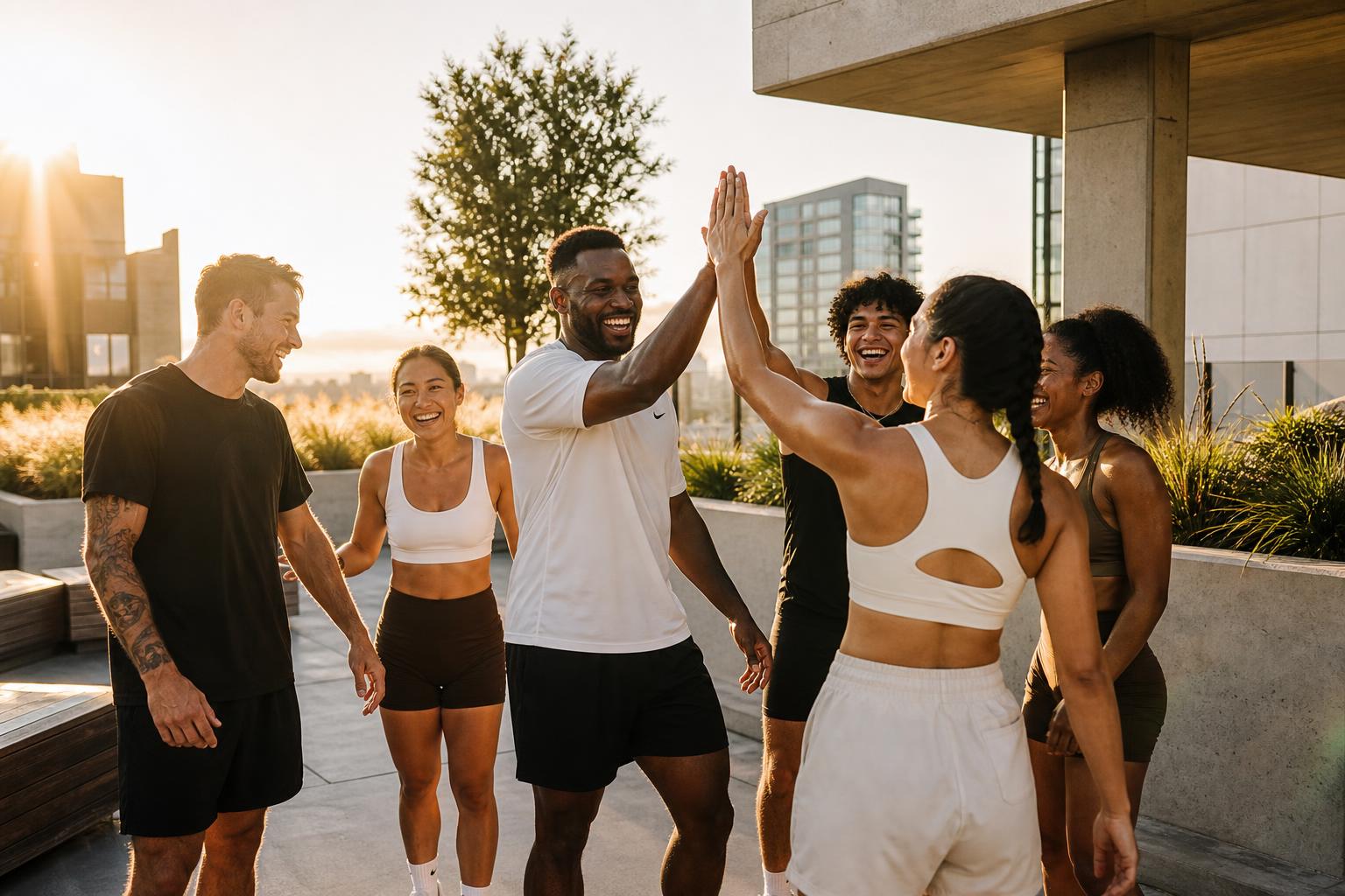 Diverse group of athletes laughing together after a workout in warm sunlight